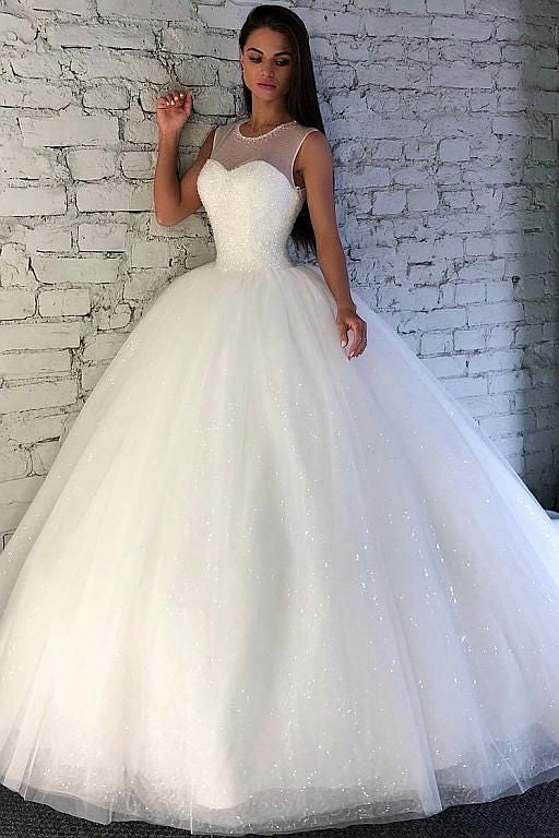 Crystals Ball Gown Illusion Neckline Bridal Dress with Sequin Tulle Skirt