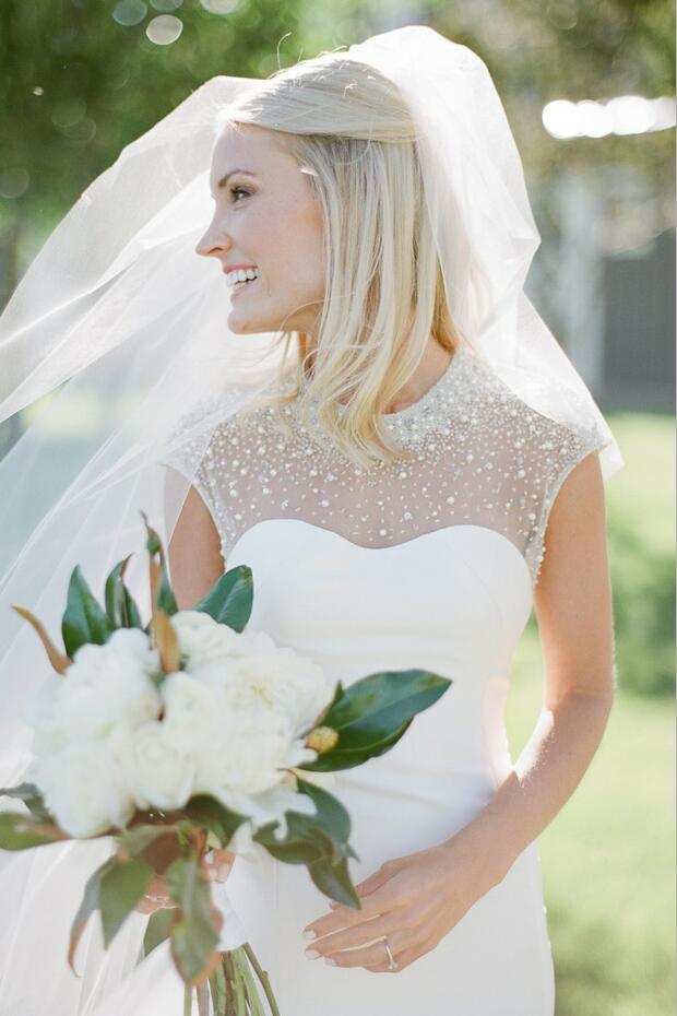 Crystals Beaded Cap Sleeves Satin Wedding Dress Mermaid Style