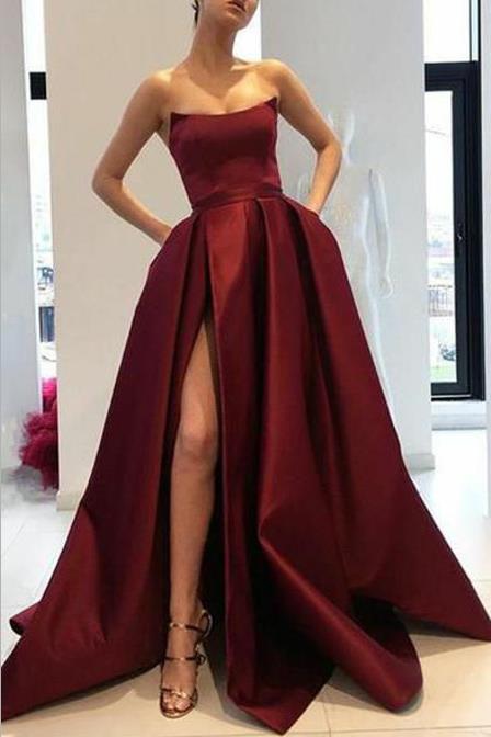 High Thigh Slit Burgundy Formal Prom Dresses with Double Straps
