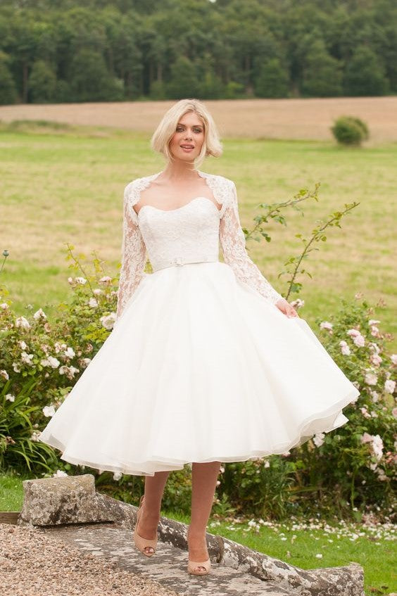 Curved Strapless Short Wedding Gown with Lace Jacket