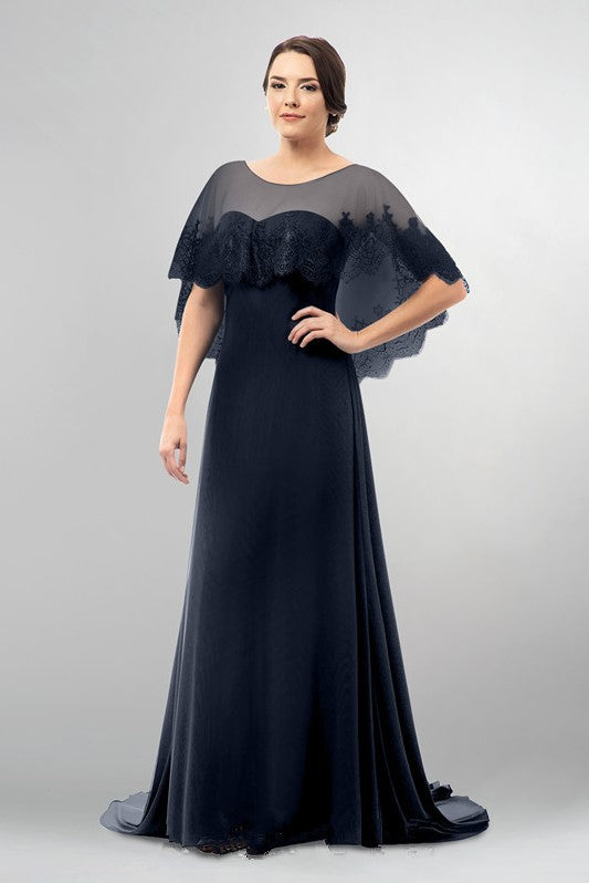 Dark Navy Mother's Wedding Party Dresses with Lace Cape