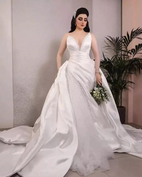 Deep V-neck Satin Bride Dress with Beaded Tulle Skirt