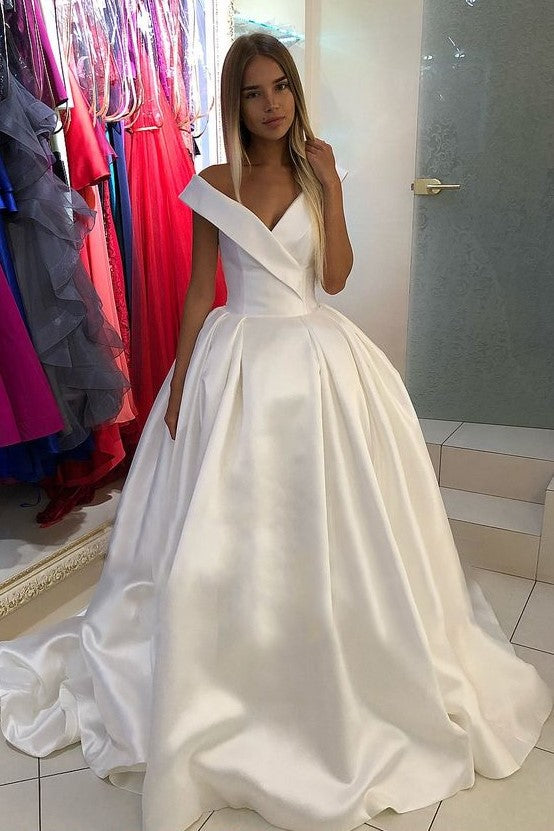 Deep V Neck Wedding Dresses Satin Ball Gown