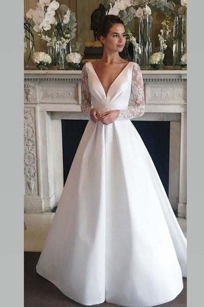 Deep V neckline Satin Wedding Gown with Sheer Lace Sleeves