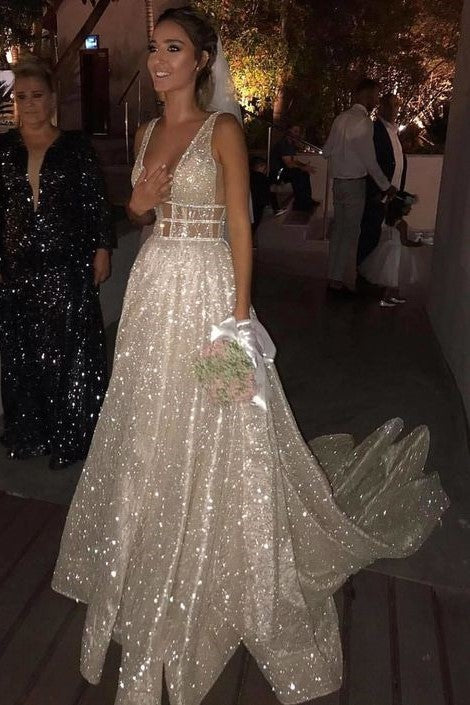 Deep V-neckline Sequin Wedding Dresses with Open Back