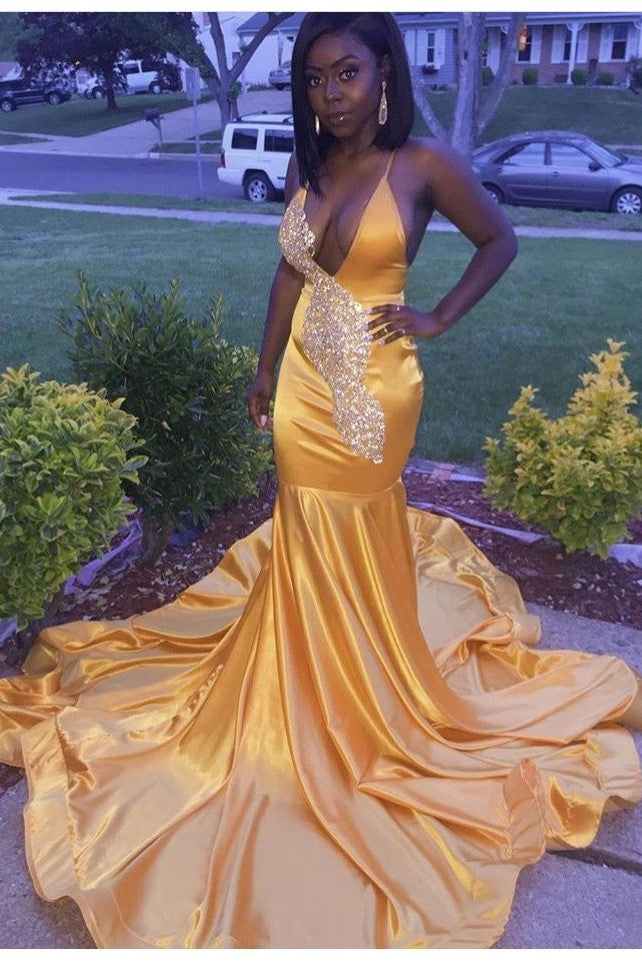 Deep V-neckline Yellow Prom Dresses Beads Bodice