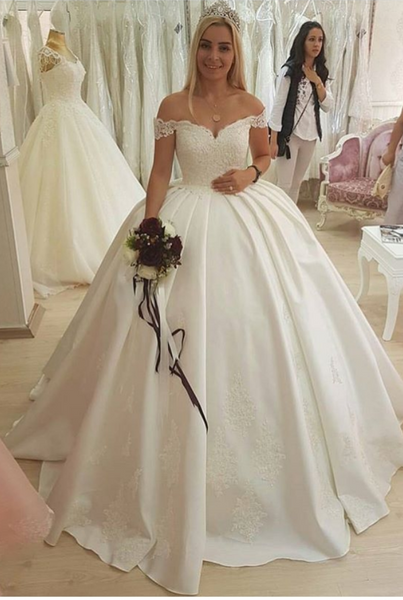 Off the shoulder satin ball gown wedding dress deals