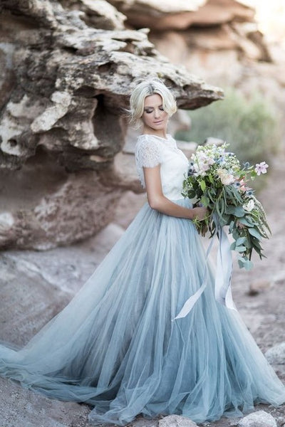 Dusty Blue Tulle Wedding Dress with Removable Lace Top