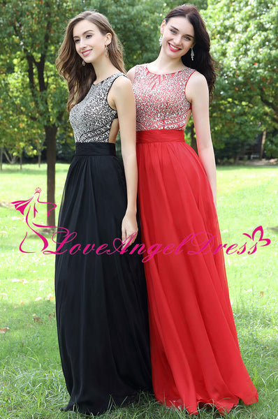 Round Neck Red Long Chiffon Rhinestones Prom Dresses