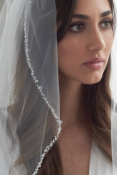 loveangeldress Elbow Length Beaded Crystal Wedding Veil 1 Layer in Ivory Fingertip 45'' / White