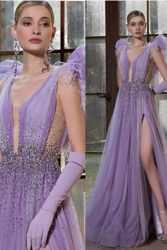 Feathered Lavender Beaded Prom Dresses V-neckline