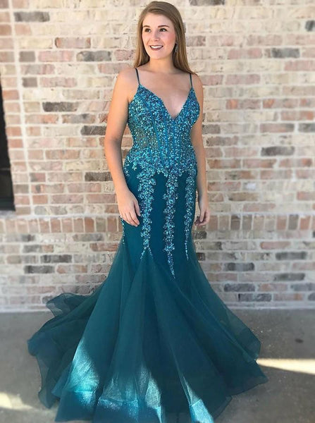 Fit&Flare Tulle Sequins and Beads Teal Prom Dresses Long – loveangeldress