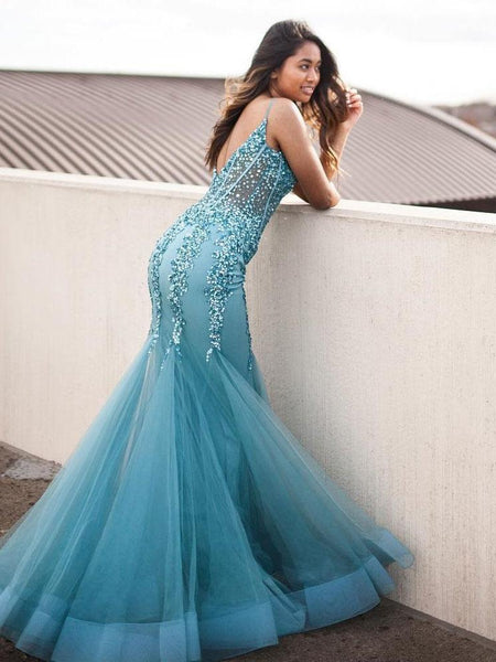 Simple blue tulle sequin long prom dress, blue tulle formal dress