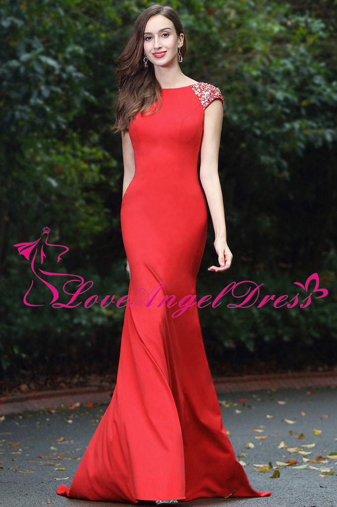 Floor Length Slim Satin Red Beaded Evening Prom Dresses Cap Sleeves