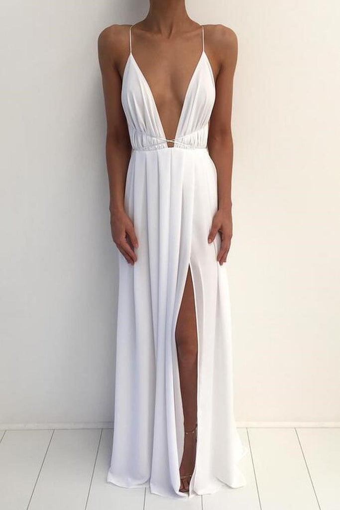Floor-Length White Chiffon Prom Dress with Deep V-neckline