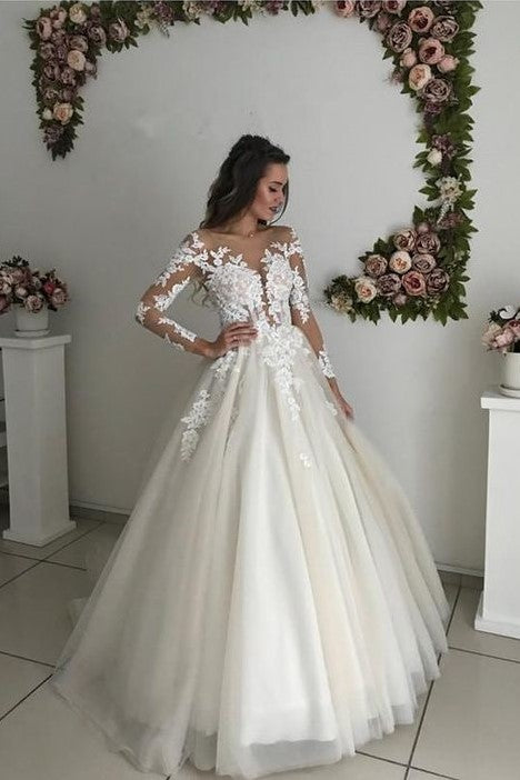 Floral Lace Long Sleeves Bride Dress Tulle Skirt