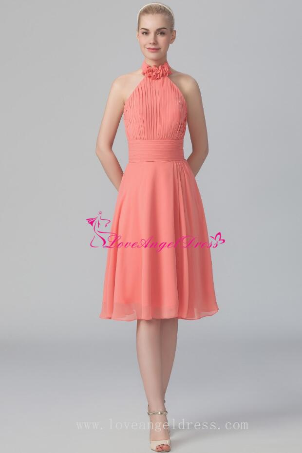 Flounced Halter Chiffon Coral Bridesmaid Dresses Knee Length