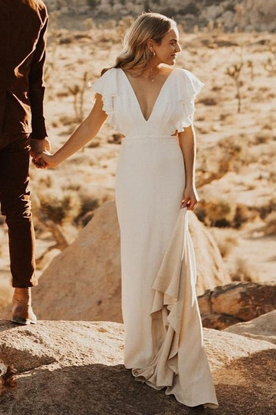flounced-sleeves-beach-wedding-dress-v-neckline