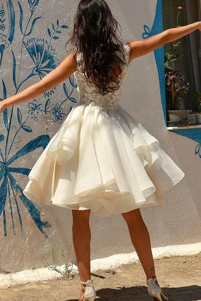 Flower Lace Short Wedding Dress with Organza Skirt