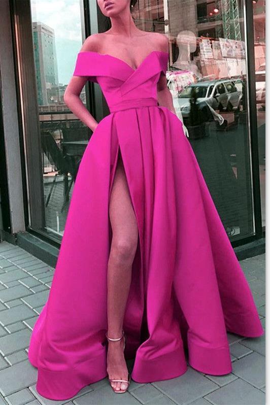 Folded Off-the-shoulder Prom Long Dresses with Side Slit