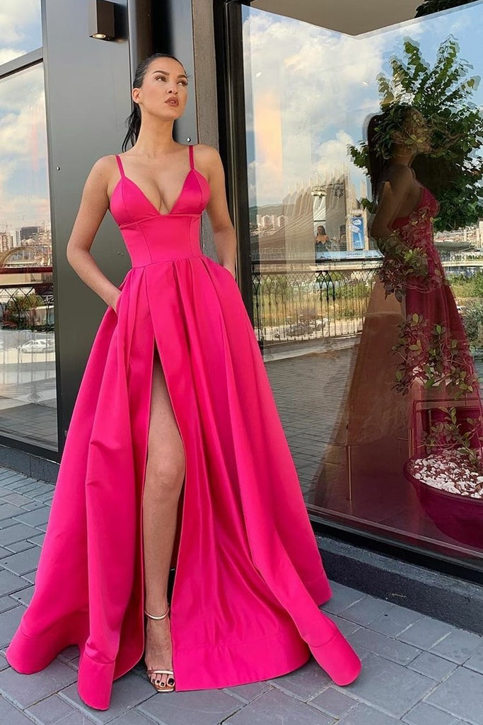 Fuchsia Satin Long Prom Dresses with Wide Waistband