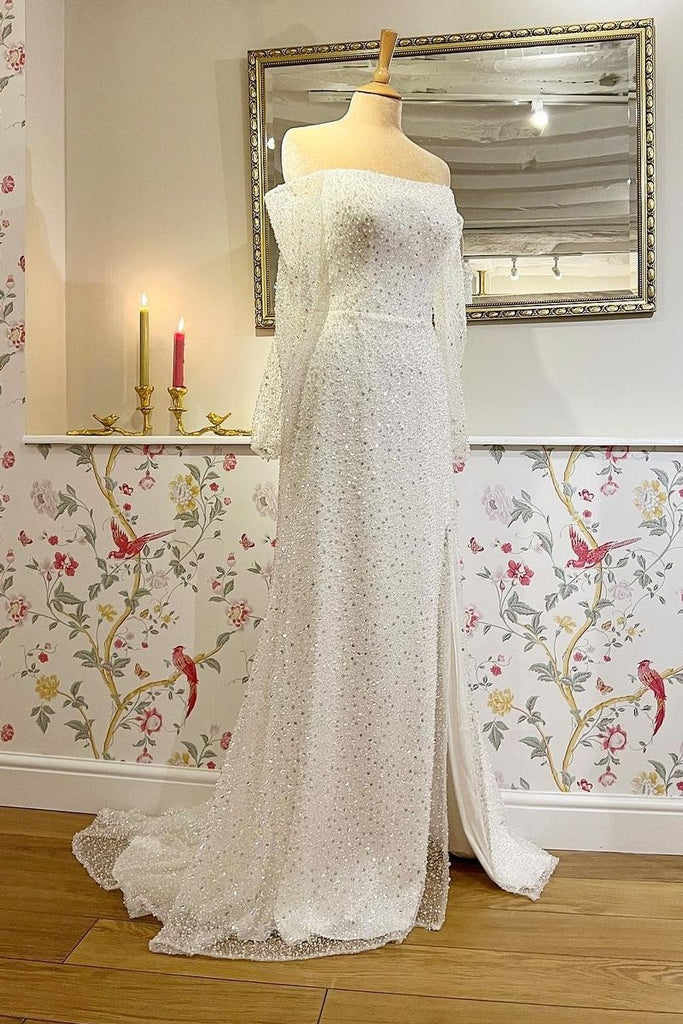 Full Beads Wedding Gown with Off-the-shoulder Sleeves