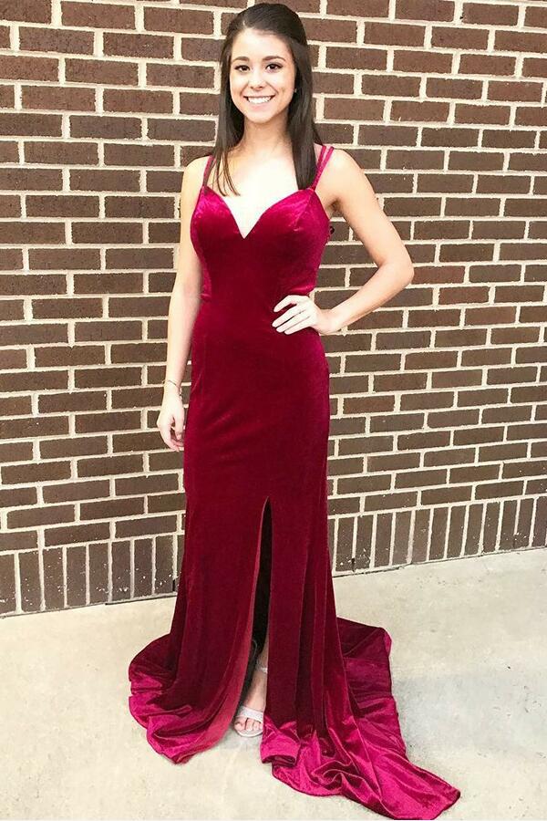 Full Length Velvet Burgundy Prom Evening Dresses with Side Slit