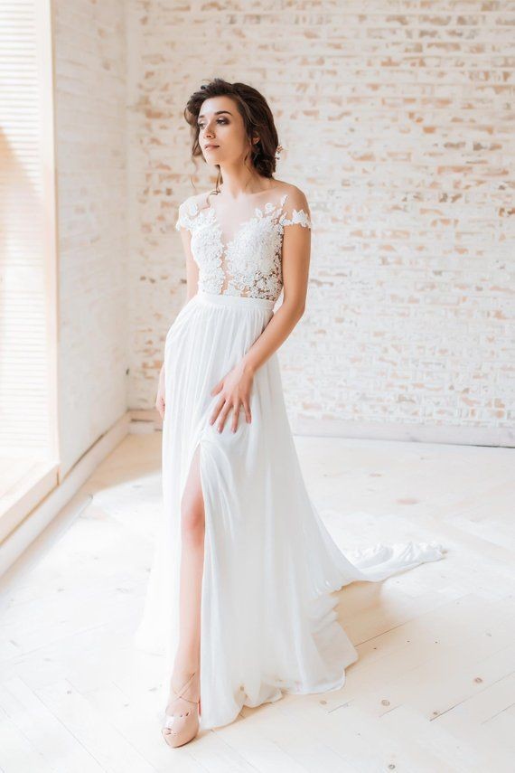 Glamorous Chiffon&Lace Boho Wedding Gown with Sheer Sleeves