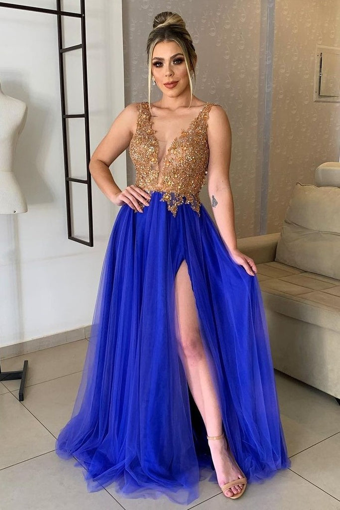 Gold Beaded Prom Dress with Royal Blue Tulle Skirt