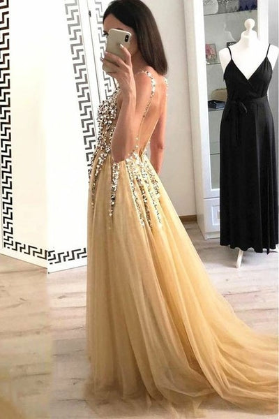 loveangeldress Gold Tulle Prom Dress with Rhinestones V-Neck Bodice US10 / Navy Blue