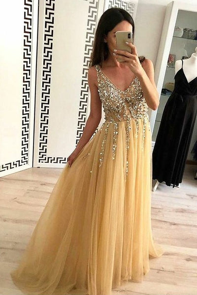 loveangeldress Gold Tulle Prom Dress with Rhinestones V-Neck Bodice US10 / Navy Blue