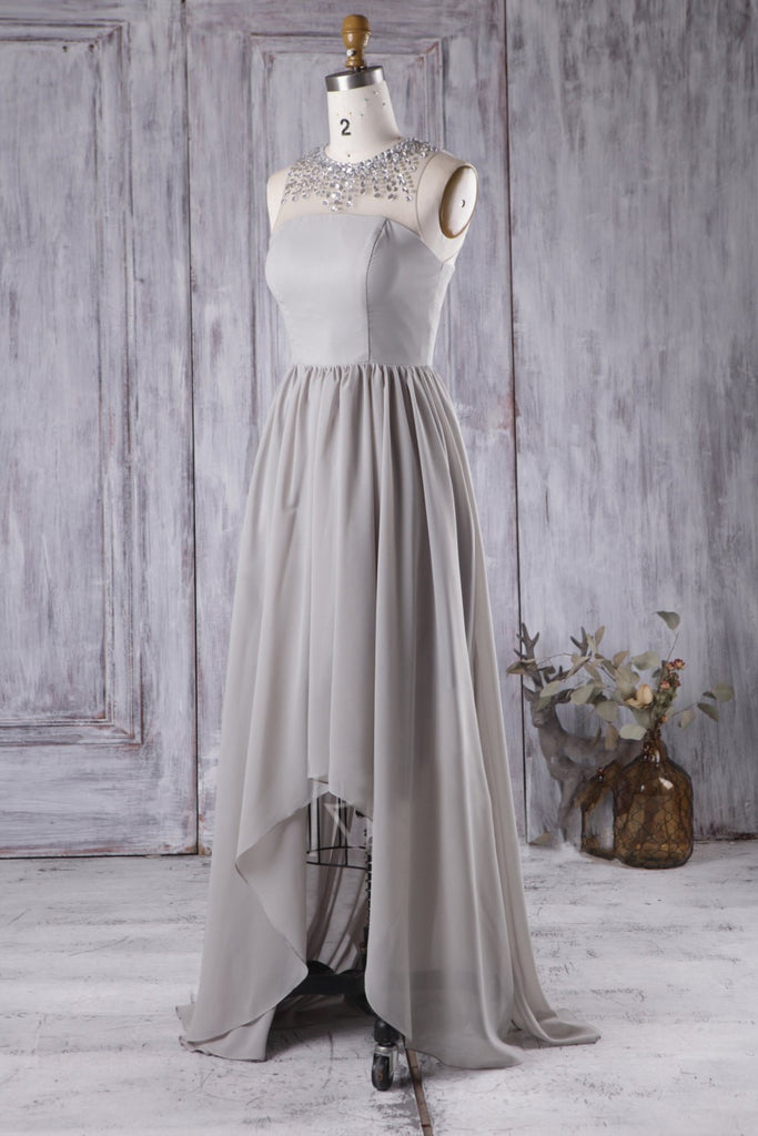 Gray Chiffon High-Low Bridesmaid Dress with Rhinestones Neckline