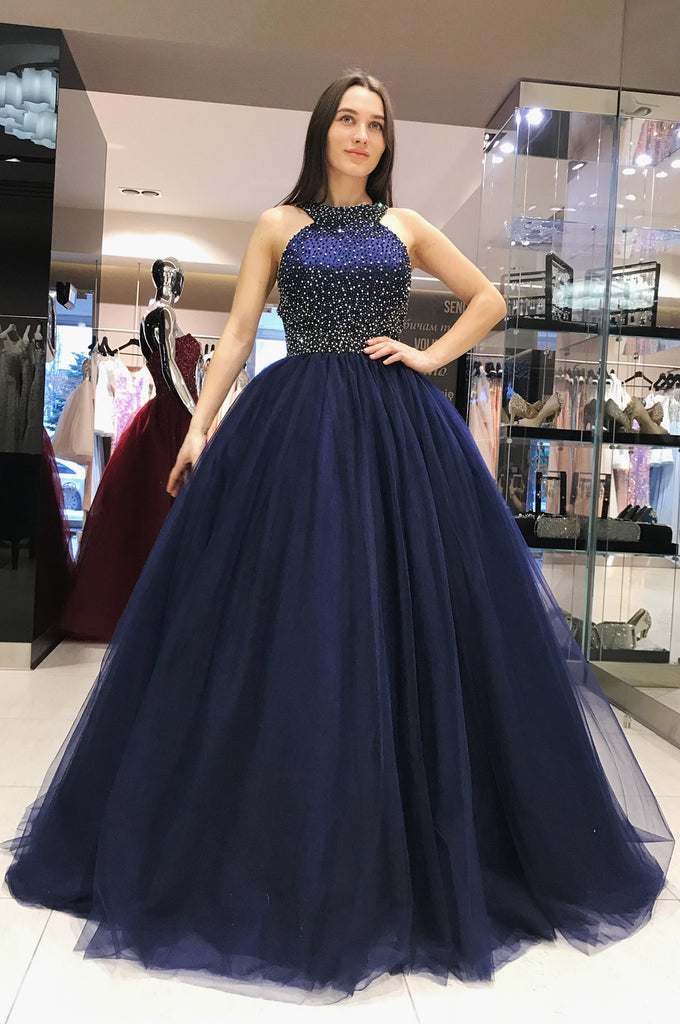 Grecian Neck Beaded Navy Prom Dresses Tulle Ball Gown with Hollow Back