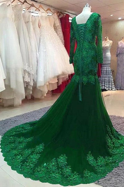 Green Beaded Lace Bride Mother s Evening Gown Long Sleeve