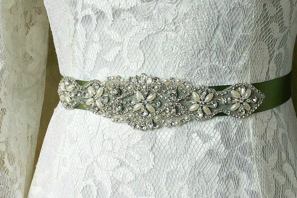 Green Beaded Sash Rhinestone Satin Ribbon Wedding Belt