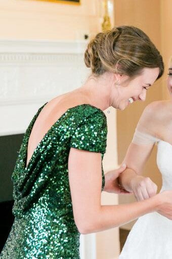 Green Sequin Bridesmaid Wedding Guests Dress with Draped Neckline