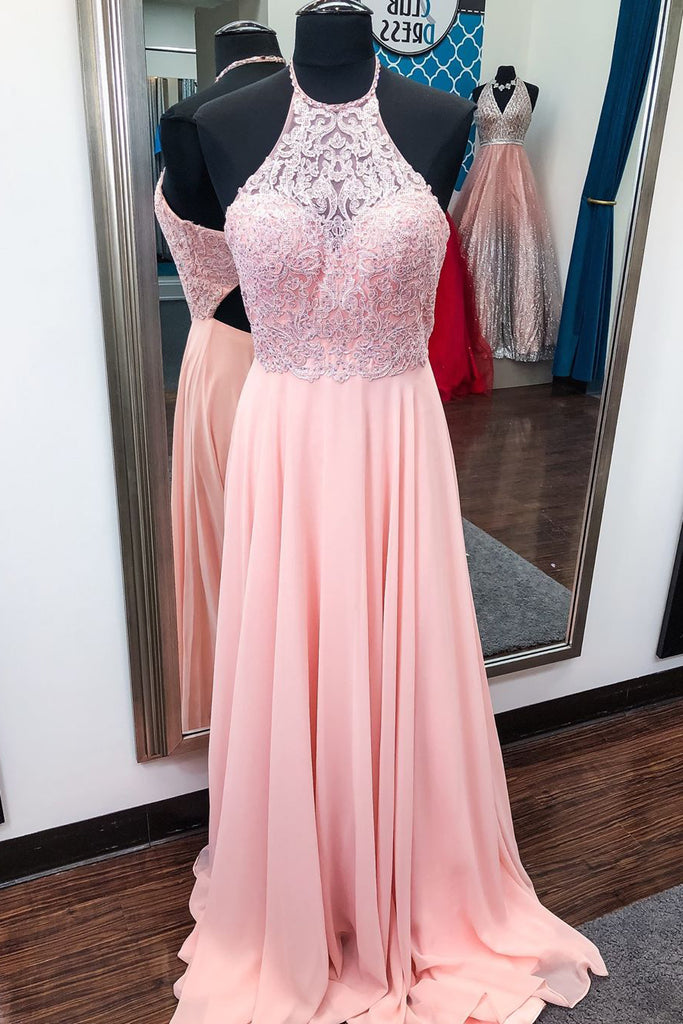 Halter Pink Prom Chiffon Dresses with Beaded Lace Bodice