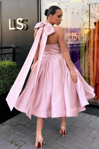 Halter Pink Short Prom Dress with Bow Ribbon Back – loveangeldress