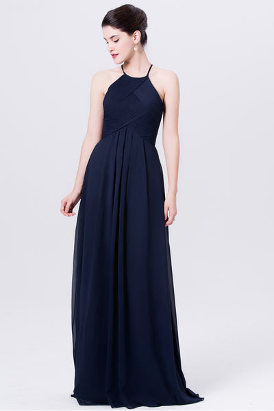 halter-straps-long-chiffon-navy-blue-bridesmaid-dresses