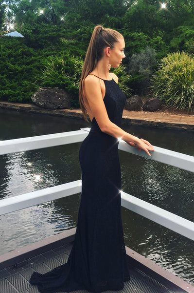 Halter Straps Sexy Low Back Black Lace Prom Dresses