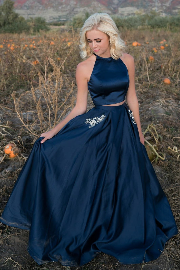 Halter Two Piece Prom Dresses Dark Blue Satin Stones Pockets