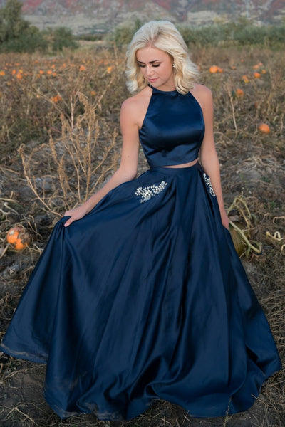 halter-two-piece-prom-dresses-dark-blue-satin-stones-pockets
