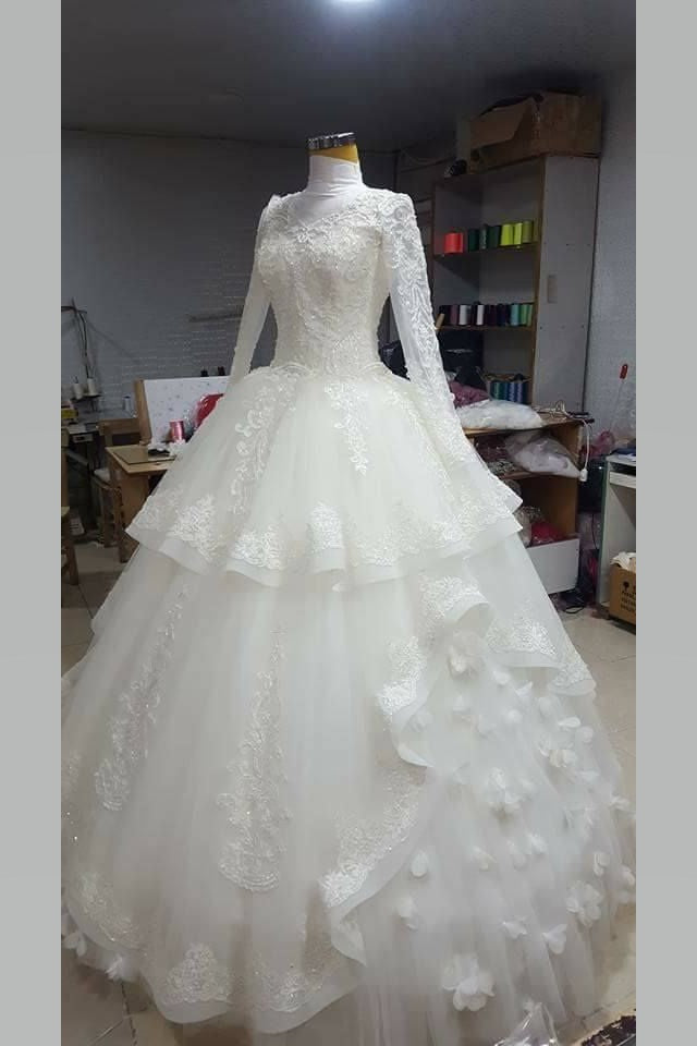 High Collar Muslim Wedding Gown Lace Long Sleeves Vestido de casamento muçulmano
