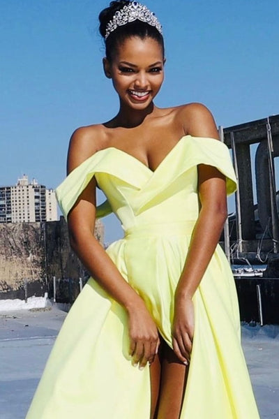 High Leg Slit Prom Dresses with Off-the-shoulder