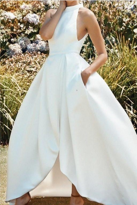 Ruching Strapless Satin Bridal Dress with Leg Slit
