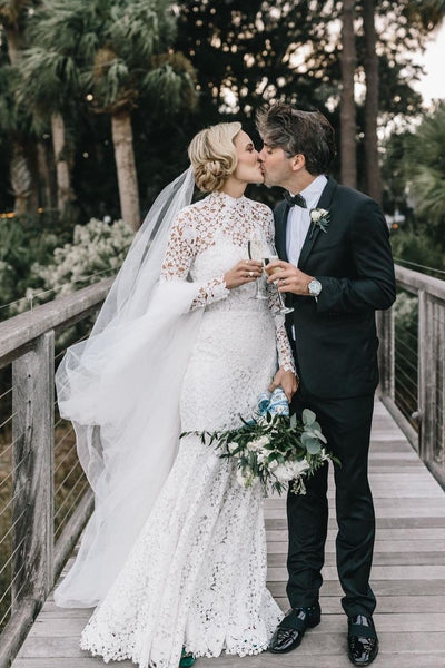 High Neck Sheath Lace Wedding Dresses Long Sleeves