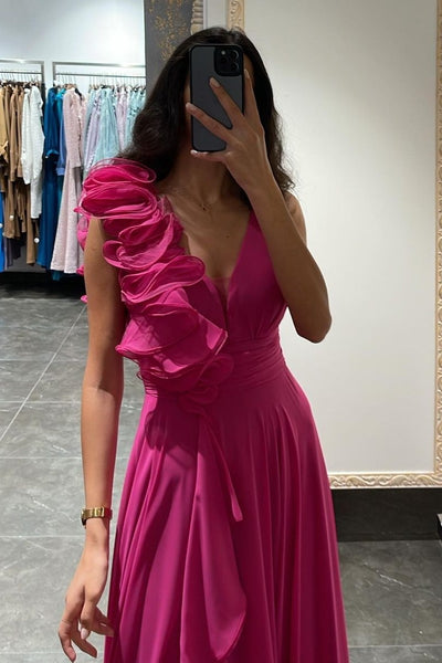 hot-pink-chiffon-prom-dresses-with-flounced-neckline-2