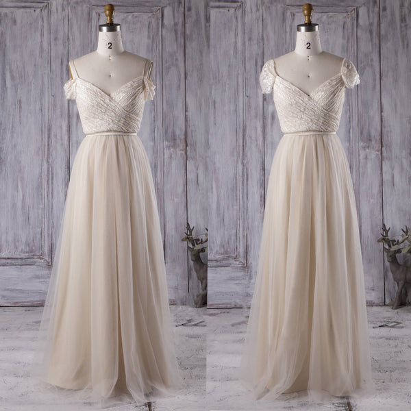 Cream Lace and Tulle Bridesmaid Gowns with Off-the-shoulder