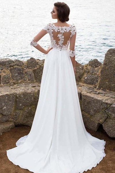 illusion-appliques-sleeves-beach-wedding-dresses-with-chiffon-skirt-1