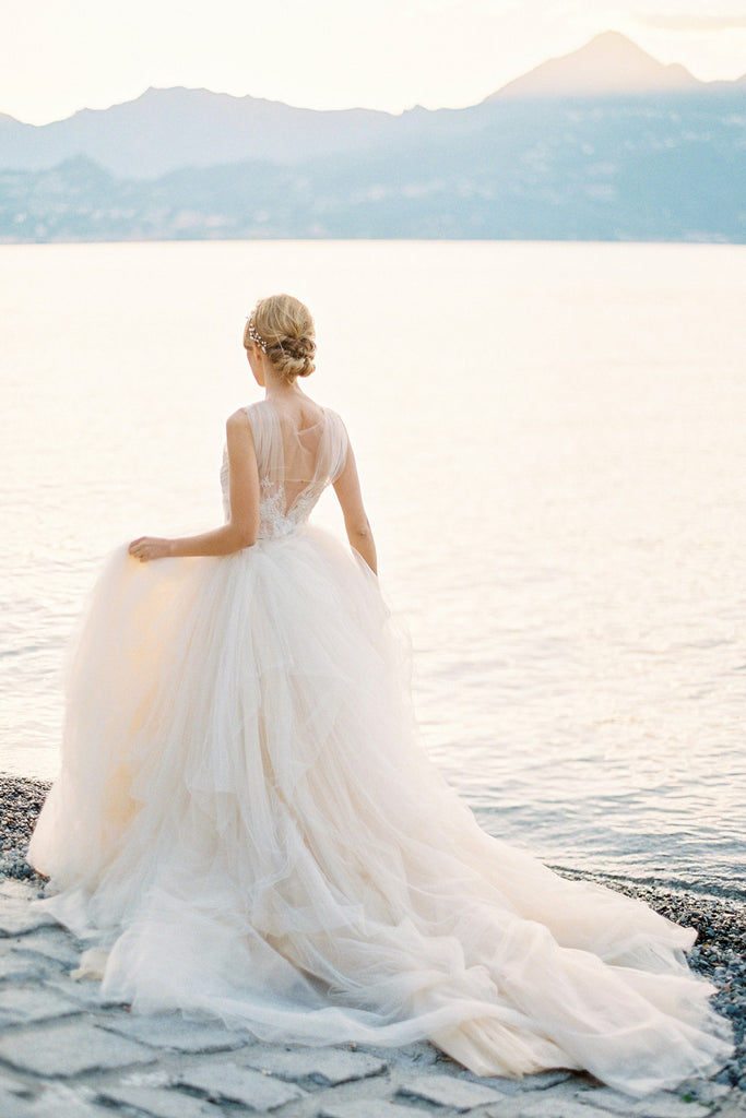 Illusion Bodice Lace Ball Gown Wedding Dress Tulle Skirt